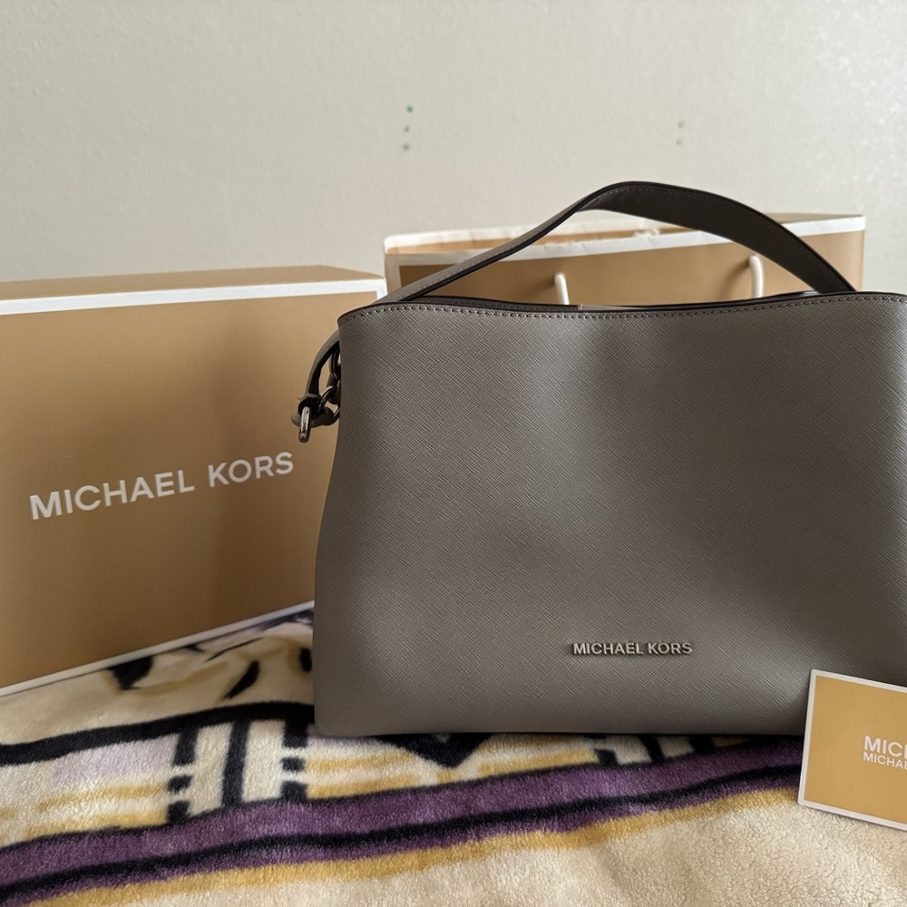 Michael Kors Gray Structured Leather Bag with Gold Accents